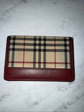 Burberry Beige Plaid Card Holder with Burgundy Trim